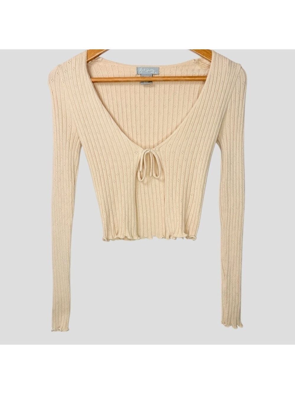 90s Ribbed Knit Tie Front Crop Top XS Beige Pointelle Long Lettuce Hem
